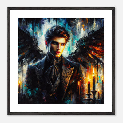 Gerahmtes Premium-Poster: Wunderschöner dunkler männlicher Engel, makelloses Aussehen, verkörpert Versuchung und Sünde, ideale Wandkunst für elegante und stimmungsvolle Räume