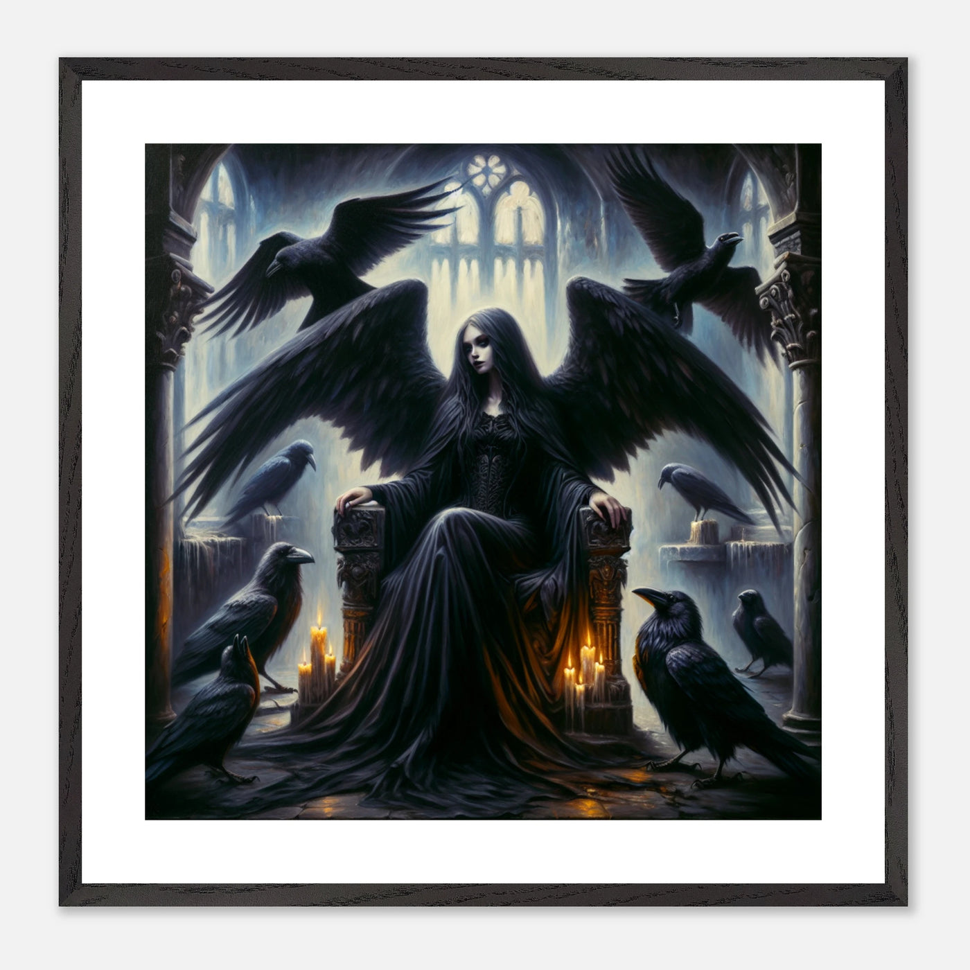 Gerahmtes Premium-Poster: Düsterer weiblicher Engel auf zerstörtem Thron, umgeben von schwarzen Raben, ideale Wandkunst für Gruftis, Gothics und melancholische Räume