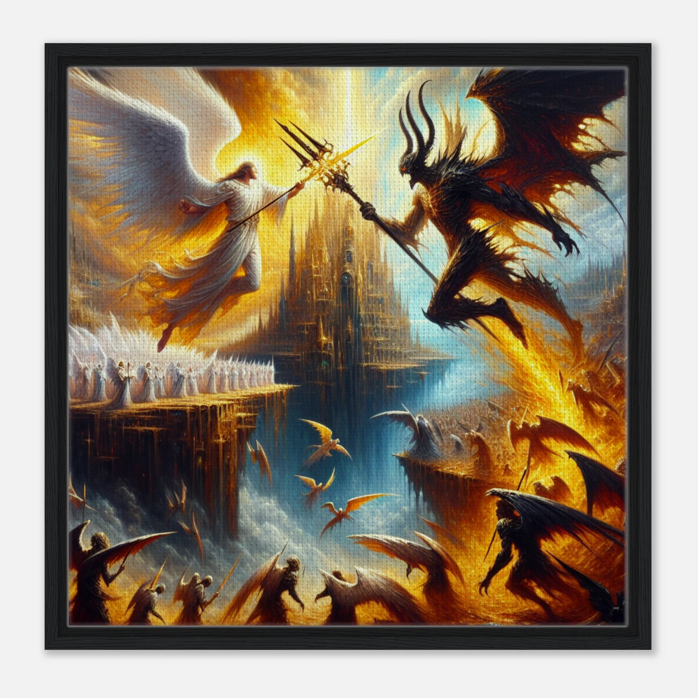 Gerahmte Leinwand: Epische Schlacht zwischen Licht und Dunkelheit, Schutzengel gegen Todesengel, Teufel und Dämonen, dramatische Wanddekoration für Wohnzimmer und Spielzimmer