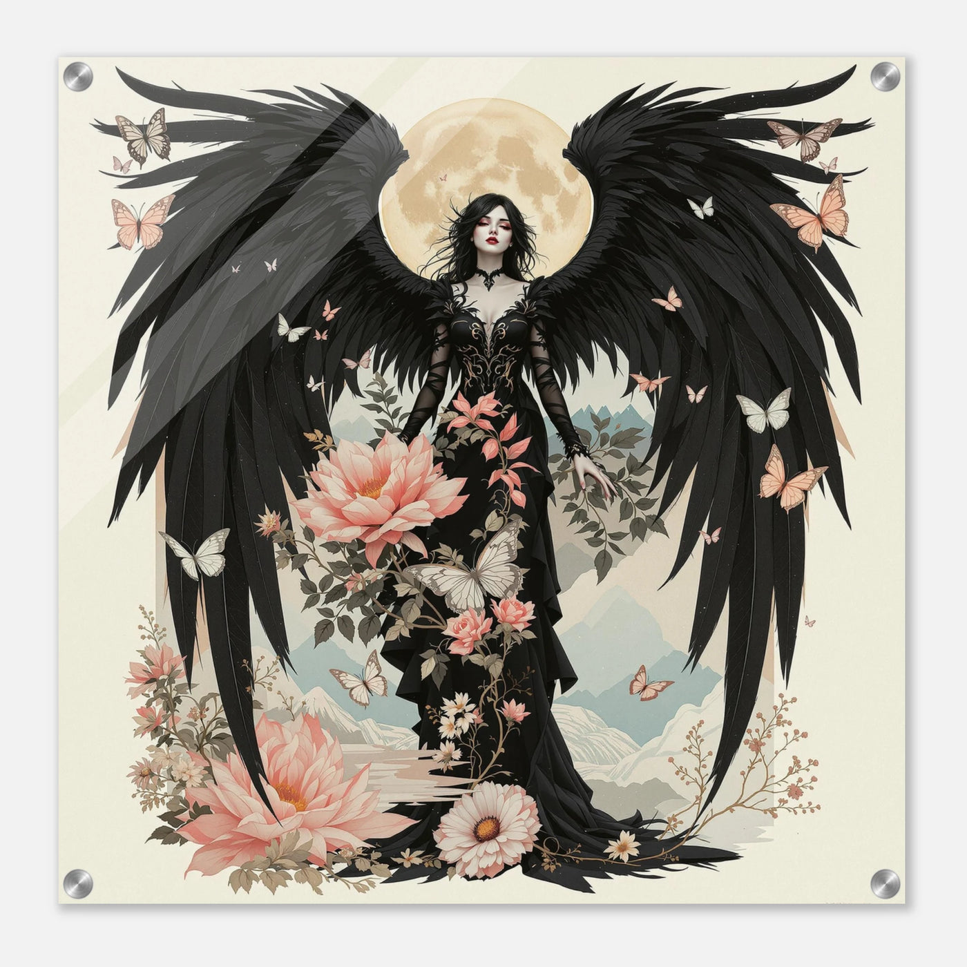 Dunkle Collage mit Blumen und Dark Angel