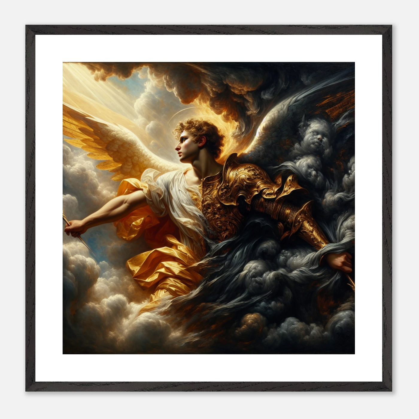 Gerahmtes Premium-Poster: Schutzengel im Himmel bedrängt von Geistern verstorbener, Kampf zwischen Gut und Böse, ideale Wandkunst für Schlafzimmer oder Gebetsraum