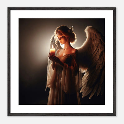 Gerahmtes Premium-Poster: Schutzengel hält eine brennende Kerze in der Dunkelheit, Flamme der Hoffnung brennt hell, ideale Wandkunst für Orte der Besinnung und Hoffnung