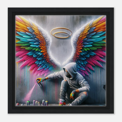 Künstler sitzt vor Engelsflügel-Graffiti – Art Wings Leinwanddruck, Street Art mit Heiligenschein
