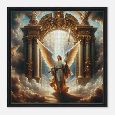 Wunderschöne Engelsfigur mit Lanze vor goldenem Himmelsportal – sakrale Kunst als Leinwandbild