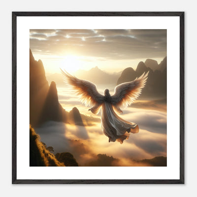 Friedlicher Engel fliegt über nebliges Gebirge dem Sonnenaufgang entgegen – spirituelles Poster voller Hoffnung