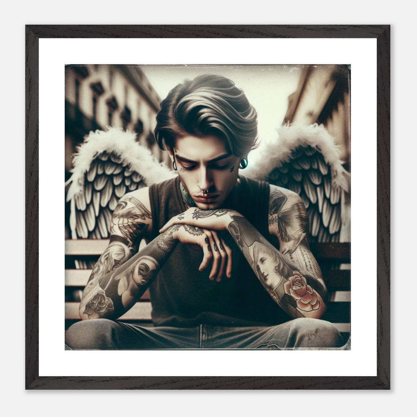 Tätowierter Jugendlicher mit Engelsflügeln – modernes Street Art Poster zwischen Rebellion und Spiritualität