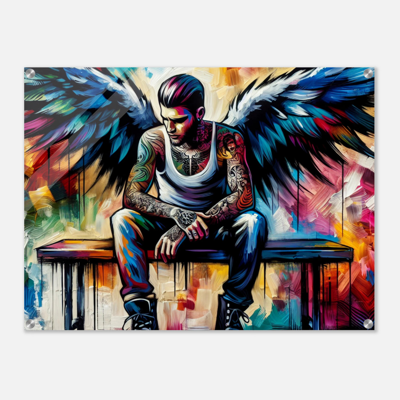 Farbenprächtiger Engel mit Tattoos – stilvoller junger Mann mit Rockabilly-Look und Flügeln auf Acrylglasdruck