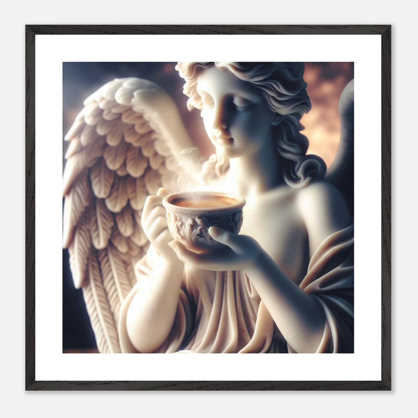 Premium Poster im Rahmen mit Marmorengel und heißen Kaffee – genussvolle moderne Ruhe & spirituelle Ästhetik für dein Zuhause | Dreaming Wings