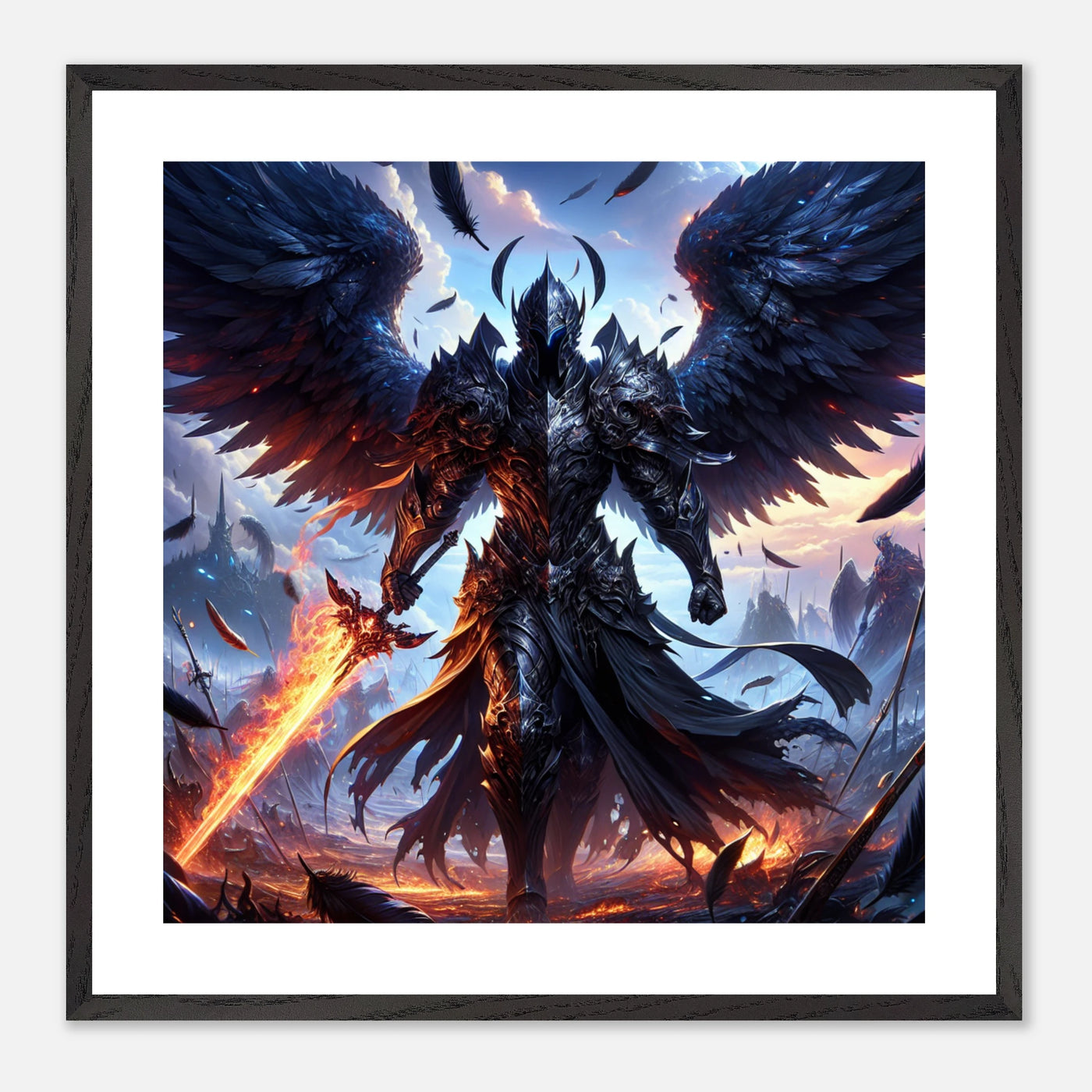 Gerahmtes Premium-Poster: Endgegner in schwarzer Rüstung mit Schwert des Untergangs, steht auf dem Schlachtfeld nach epischem Kampf, ideale Wandkunst für Gamer und Abenteuerlustige