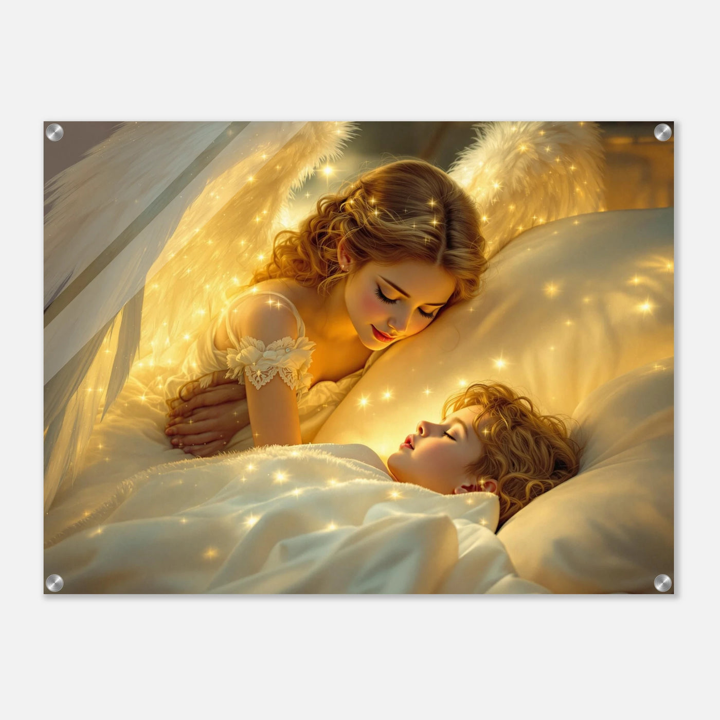 Schutzengel birngt Kind zu Bett und behütet es über Nacht.