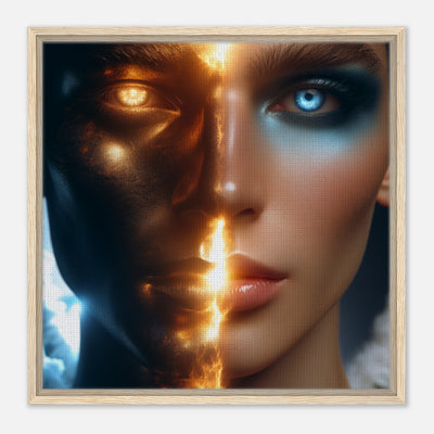 Gerahmte Leinwand: Divided Soul, Engel in Nahaufnahme, Gesicht geteilt in dunkle kühle Seite und wunderschöne hübsche Seite, kunstvolle Wanddekoration für Wohnzimmer und Galerien