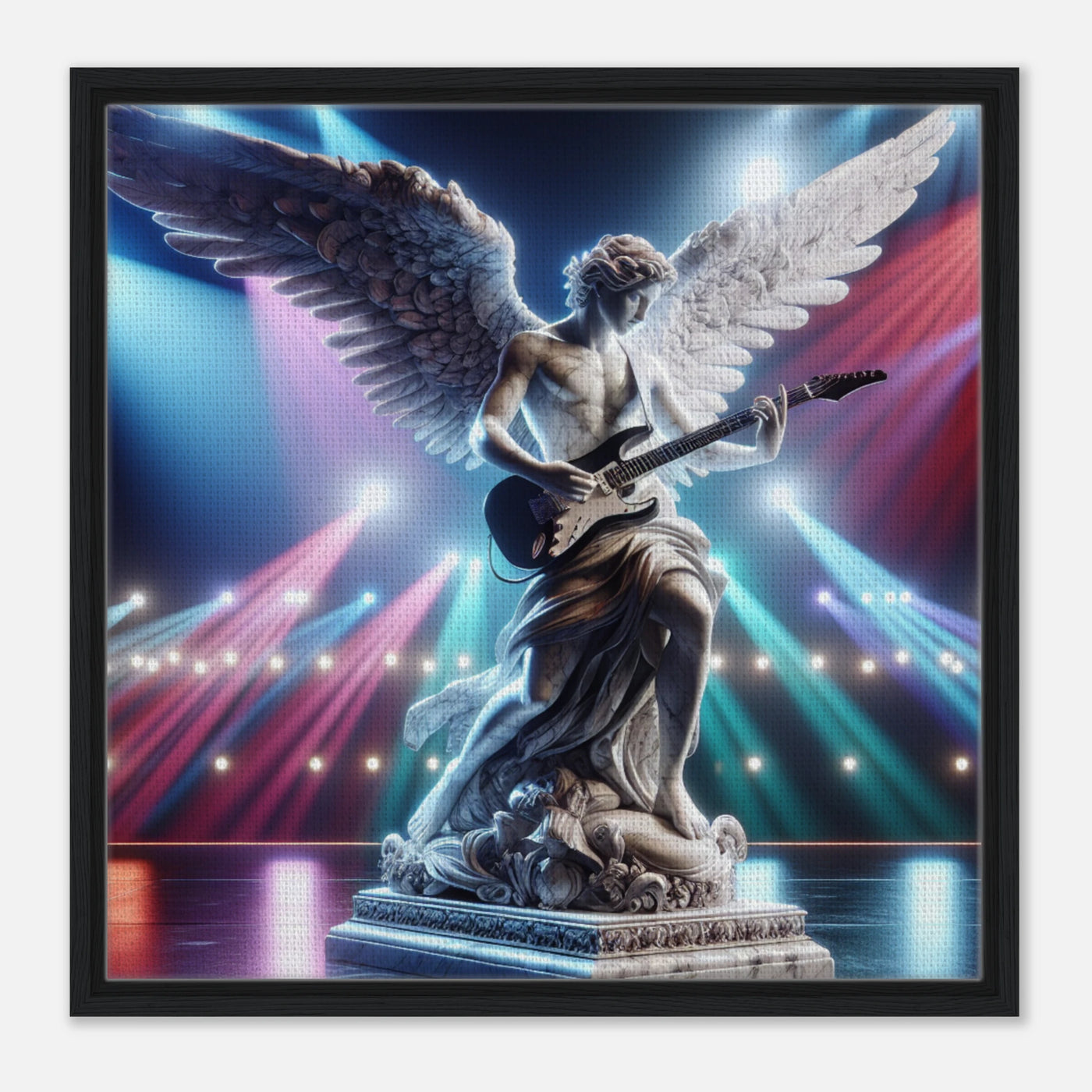 Gerahmte Leinwand für das moderne Wohnzimmer - Christentum mit Engelsmotiv trifft Rock Star