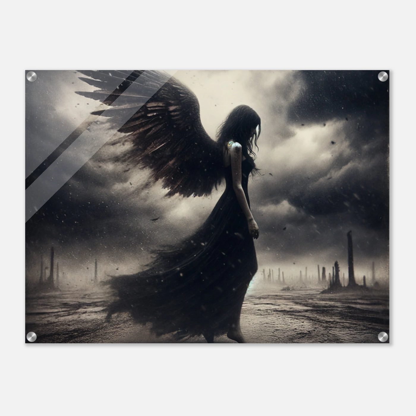 Acrylglasdruck: Todesengel in schwarz wandelt auf einer Erde aus Staub und Asche, bedrückte und traurige Stimmung, eindrucksvolle Wandkunst für Liebhaber düsterer und melancholischer Szenen