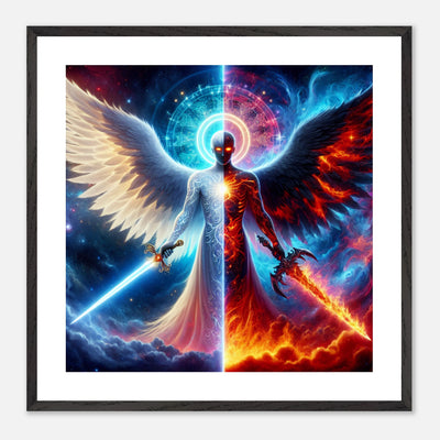 Gerahmtes Premium-Poster: Zweigeteiltes Engelbild, heller Schutzengel mit leuchtendem Schwert und dunkler Engel des Todes in Flammen, Wolken und Weltraum, ideale Wandkunst für Schlafzimmer oder Meditationsraum