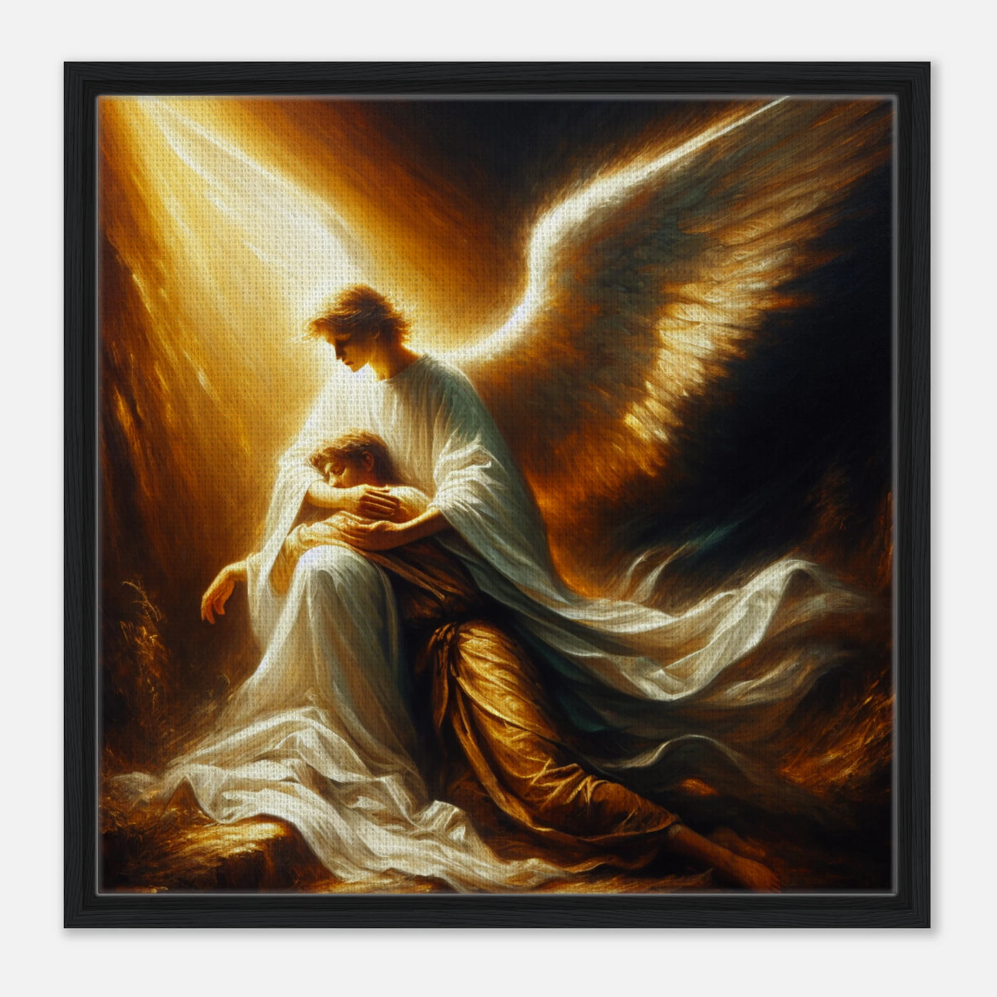 Gerahmte Leinwand: Sacred Embrace, Schutzengel bietet Seelsorge und Trost, symbolisiert Mitgefühl und Begleitung, emotionale Wanddekoration für Räume der Besinnung und Heilung