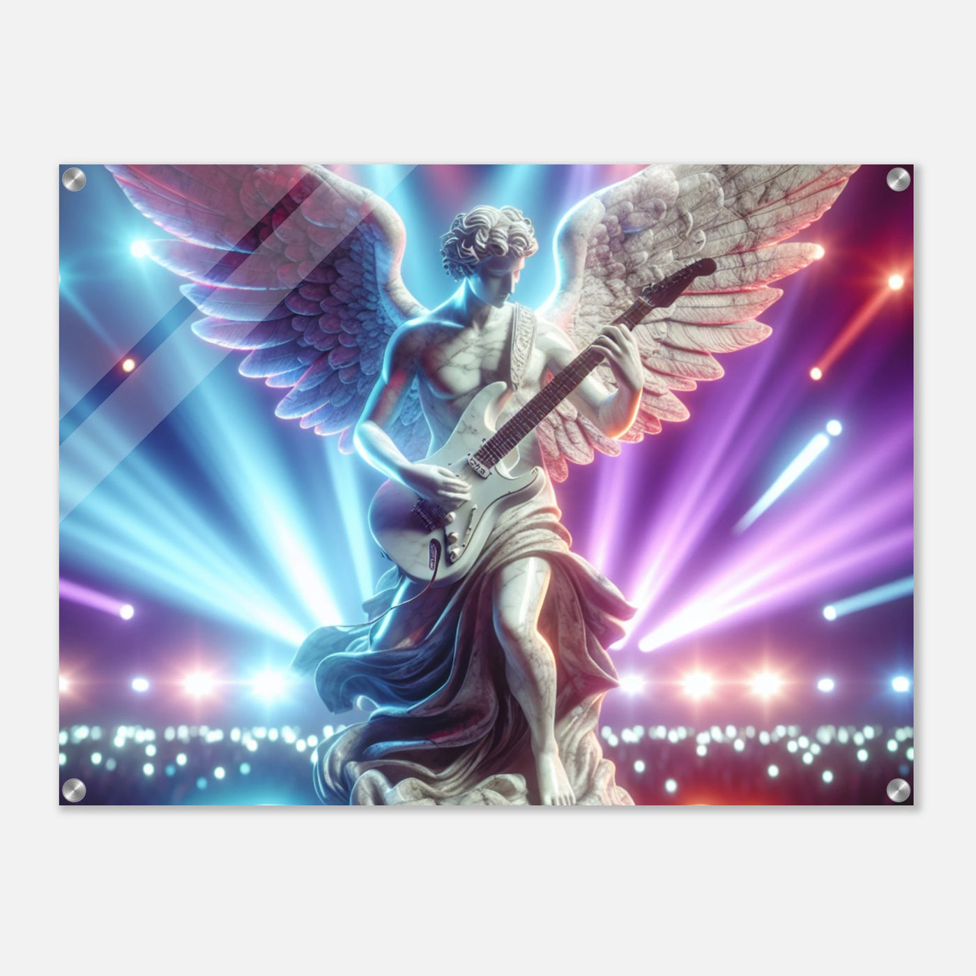 Marmorengel spielt Bassgitarre auf der Bühne im violett-blauen Licht, moderne Wandkunst