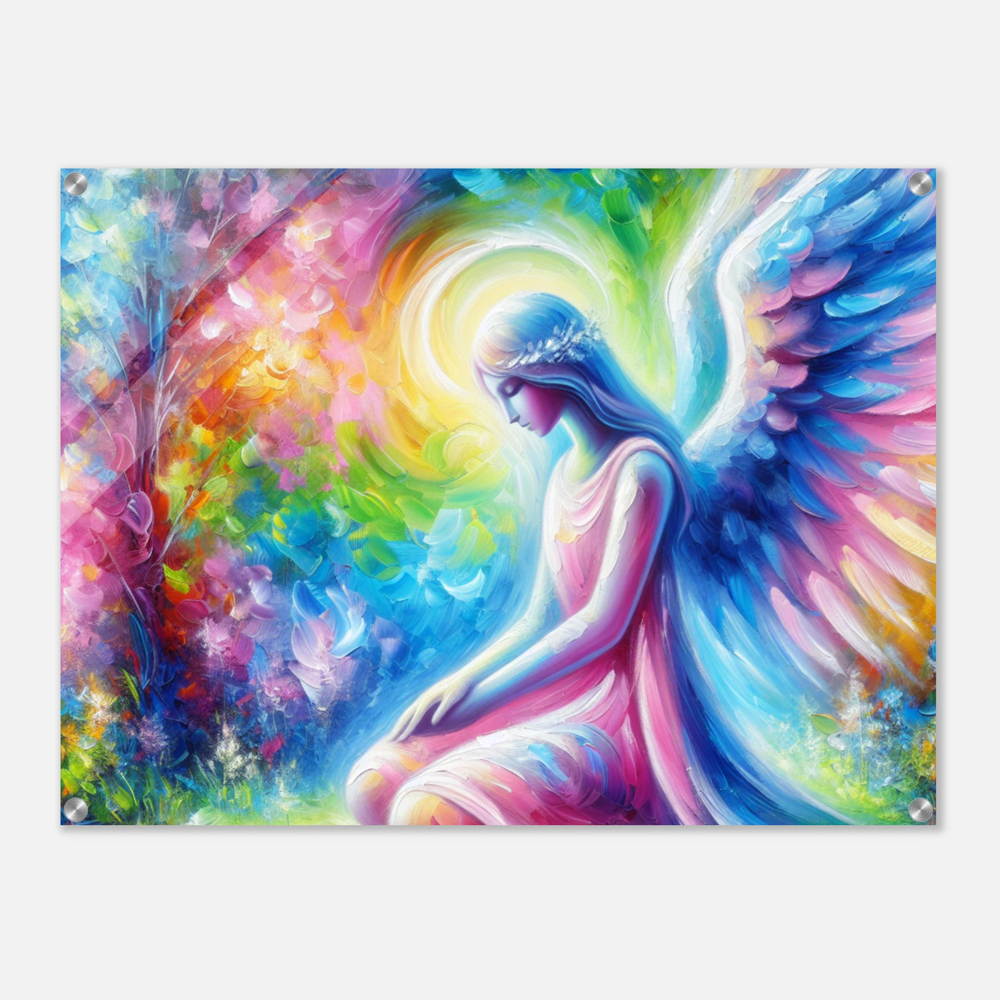 Acryldruck: Engel in Acrylfarben gemalt, betet für die Menschheit, farbenfrohe und beruhigende Wandkunst für Kunstliebhaber und spirituelle Denker