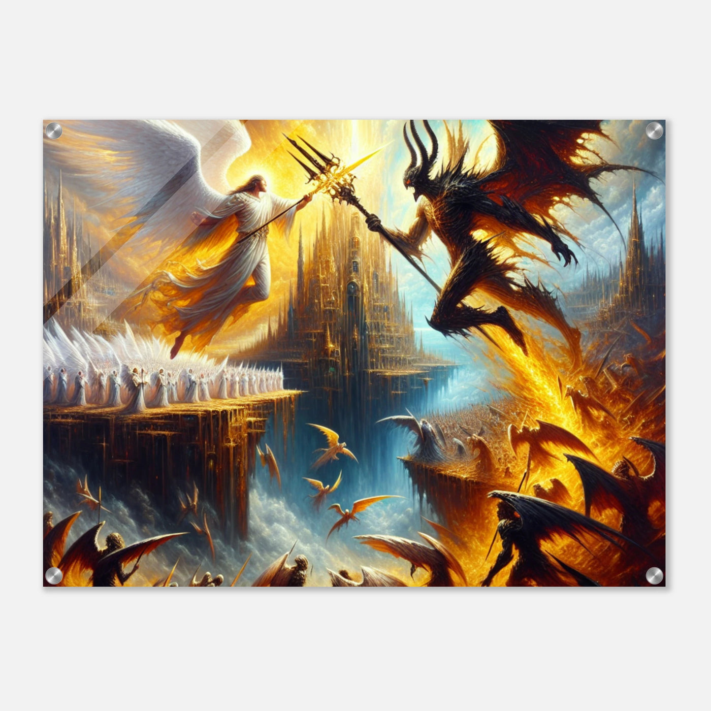 Acrylglasdruck: Epische Schlacht zwischen guten und bösen Engeln, Heere der Schutzengel gegen Todesengel, Teufel und Dämonen, fesselnde Wandkunst für Fantasy-Liebhaber und Gamer