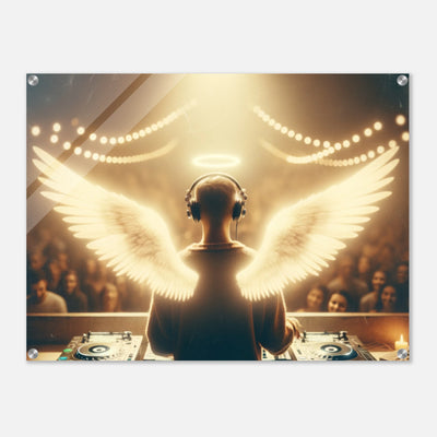 DJ mit Engelsflügeln und Licht-Halo – Party Heaven Acrylglasdruck, macht Party-Musik vor Turntables
