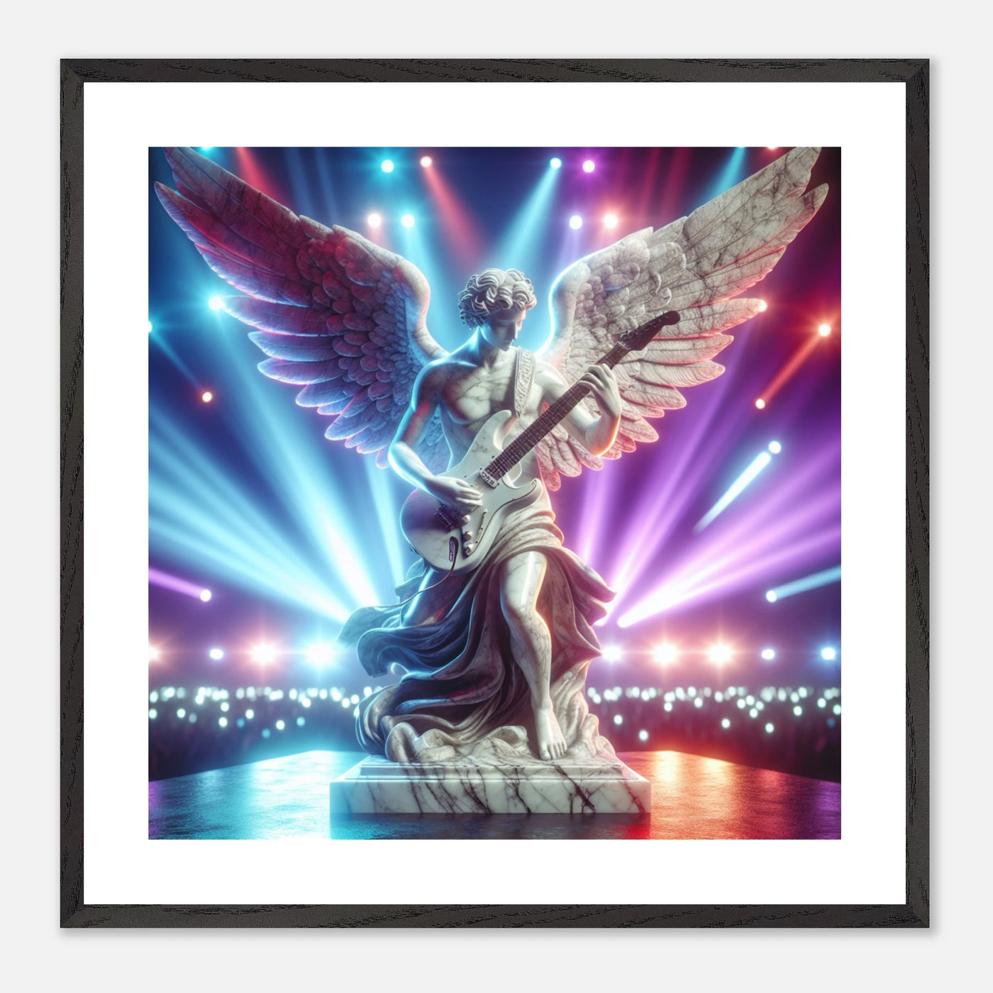 Gerahmtes Premium-Poster mit einem Engel aus Marmor, der auf der Bühne Bass Gitarre spielt - überall sind Lichter der Scheinwerfer I Dreaming Wings