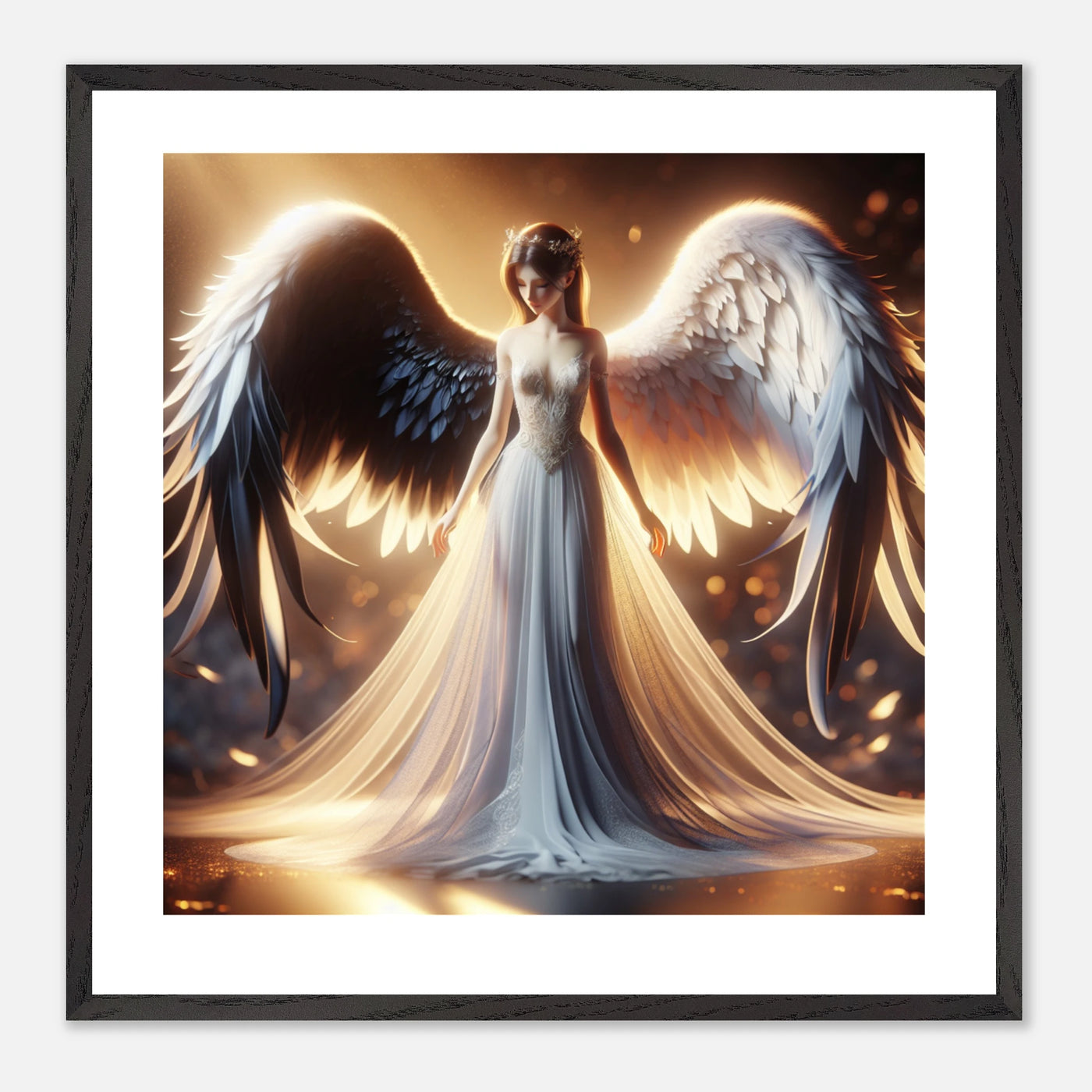 Gerahmtes Premium-Poster: Engel als Ballerina Tänzerin einer Oper, mit weißen und schwarzen Flügeln, inspirierende Wandkunst für Tanzräume und Kunstgalerien