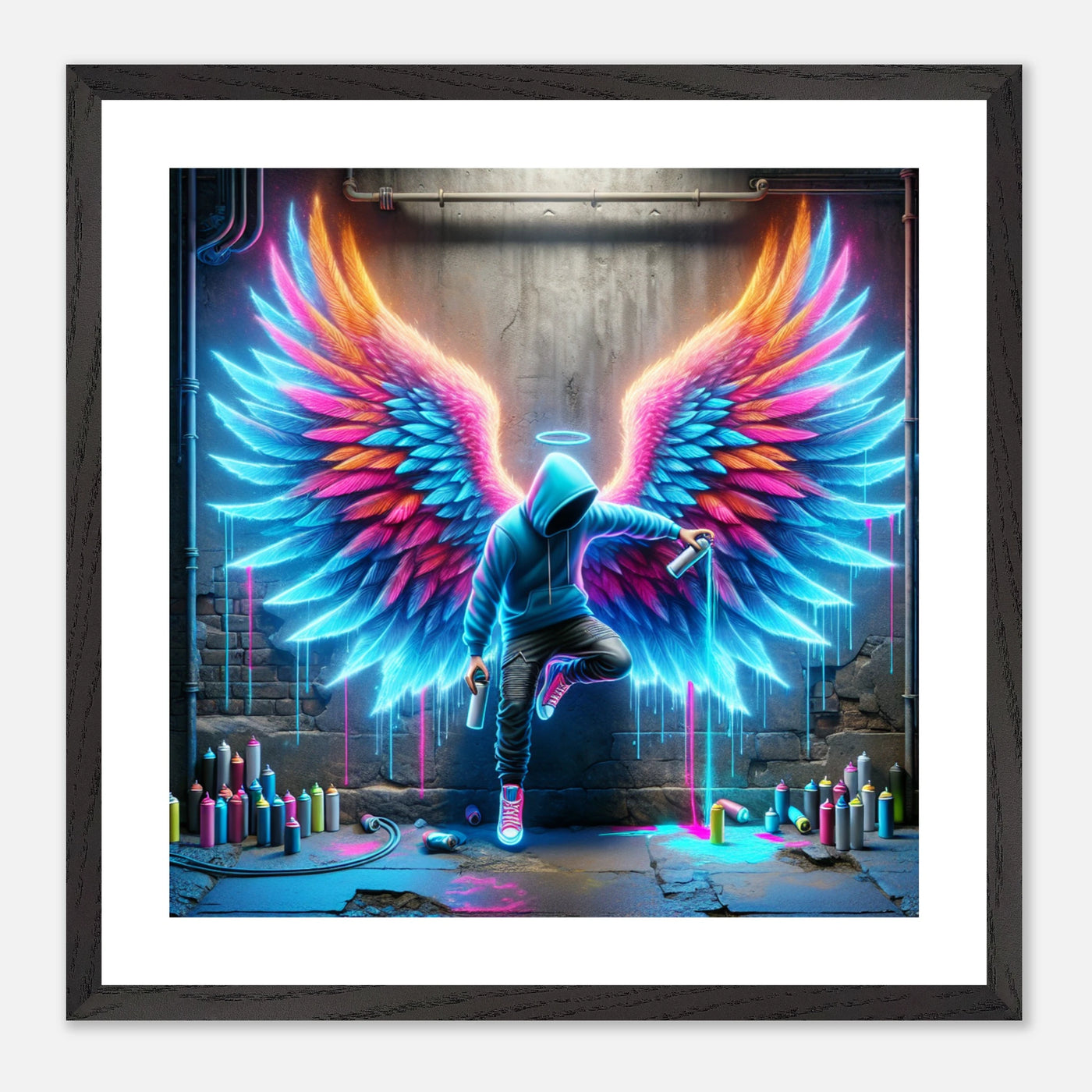 Street Art Künstler mit Heiligenschein – neonfarbenes Graffiti mit Engelsflügeln als Wandkunst