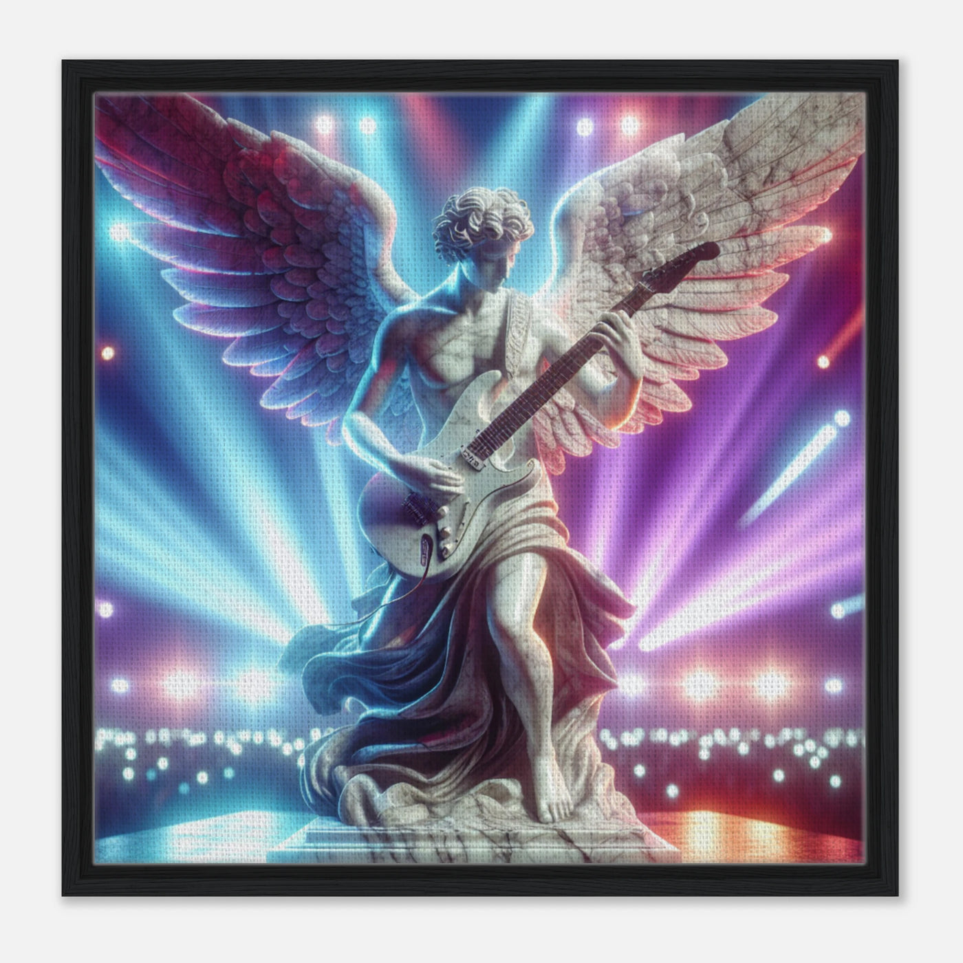 Gerahmte Leinwand für das moderne Wohnzimmer - Religion mit Engelsmotiv trifft Rock Musik