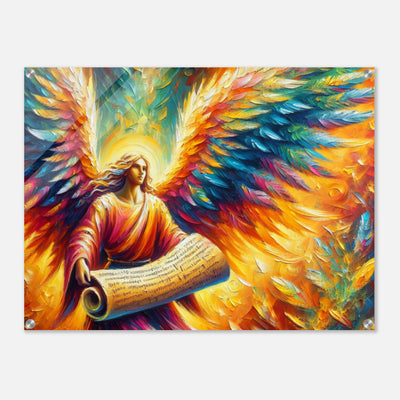 Acrylglasdruck: Bunter Engel als Apostel mit großer Schriftrolle, möglicherweise Gebote oder Wünsche der Menschen, eindrucksvolle Wandkunst für Kunstliebhaber und spirituelle Denker