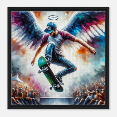Skateboard-Engel – bunter Leinwanddruck eines verstorbenen Skaters mit Flügeln beim Olli im Himmel