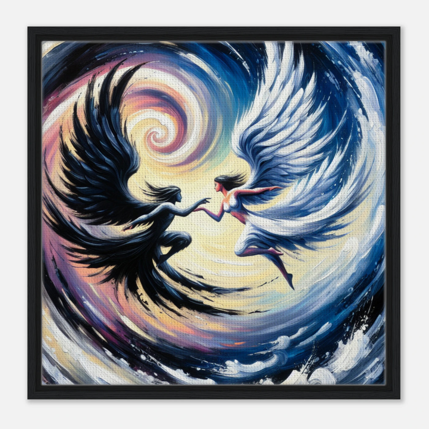Gerahmte Leinwand: Verschwommene Fusion zwischen dem ewigen Tanz der Todesengel und Schutzengel, in sich drehend, inspirierende Wanddekoration für Wohnzimmer
