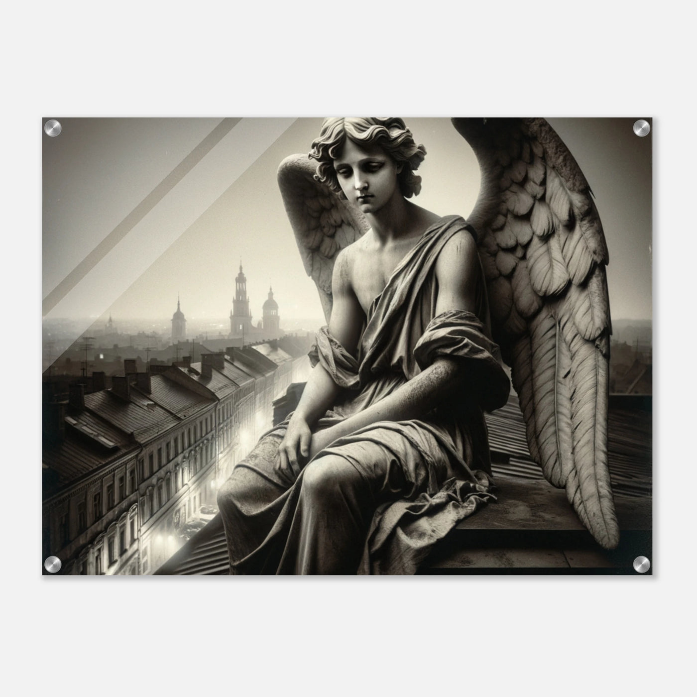 Acrylglasdruck: Engel in Schwarz-Weiß-Optik sitzt traurig auf einem Dach und schaut enttäuscht auf die Menschen hinab, eindrucksvolle Wandkunst für Liebhaber melancholischer und nachdenklicher Szenen
