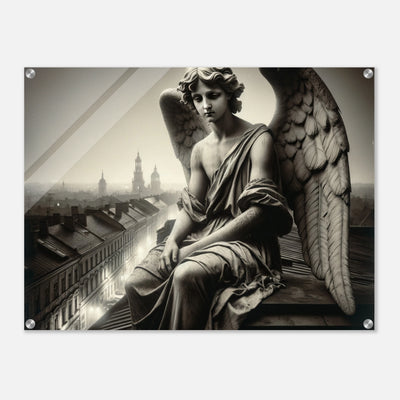 Acrylglasdruck: Engel in Schwarz-Weiß-Optik sitzt traurig auf einem Dach und schaut enttäuscht auf die Menschen hinab, eindrucksvolle Wandkunst für Liebhaber melancholischer und nachdenklicher Szenen