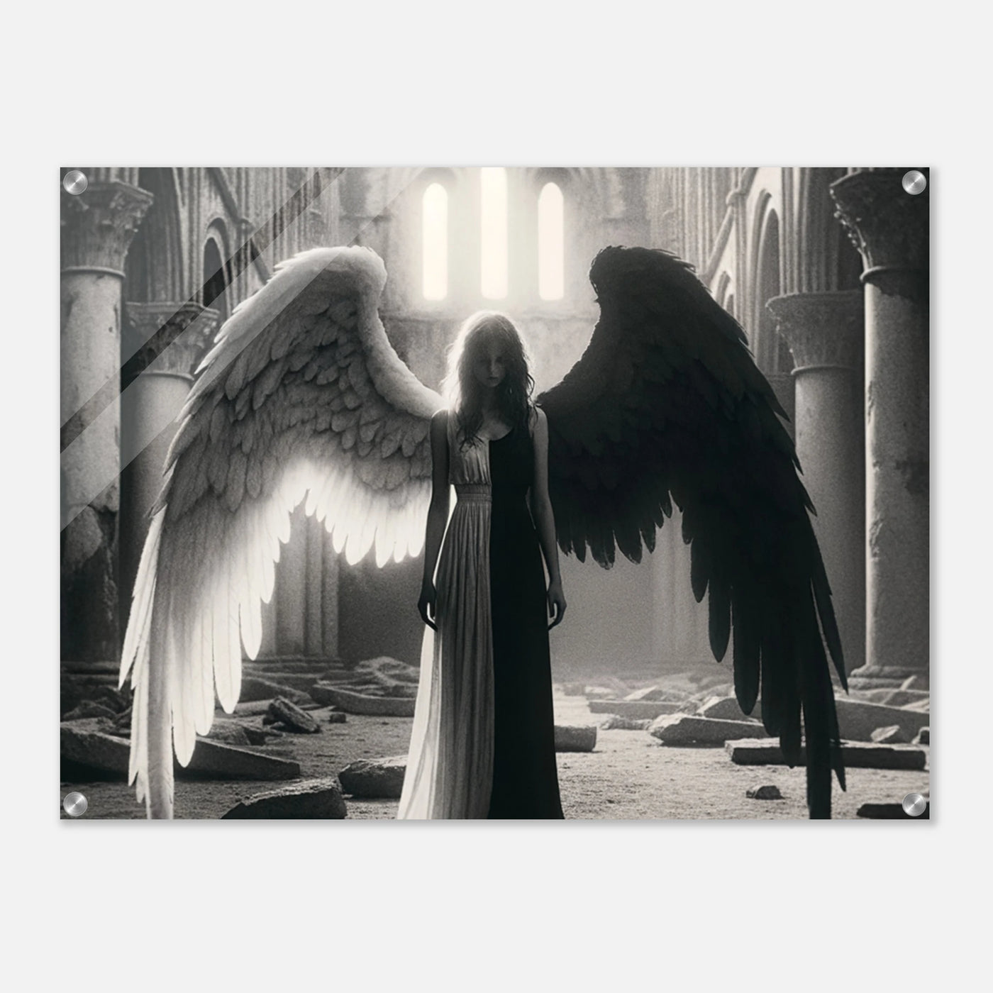 Acrylglasdruck: Schwarz-weißer Engel in den Ruinen einer Kirche, schwarzer Teil steht für Zerstörung und Böses, weißer Teil für Hoffnung und Überwindung, fesselnde Wandkunst für Kunstliebhaber und spirituelle Denker