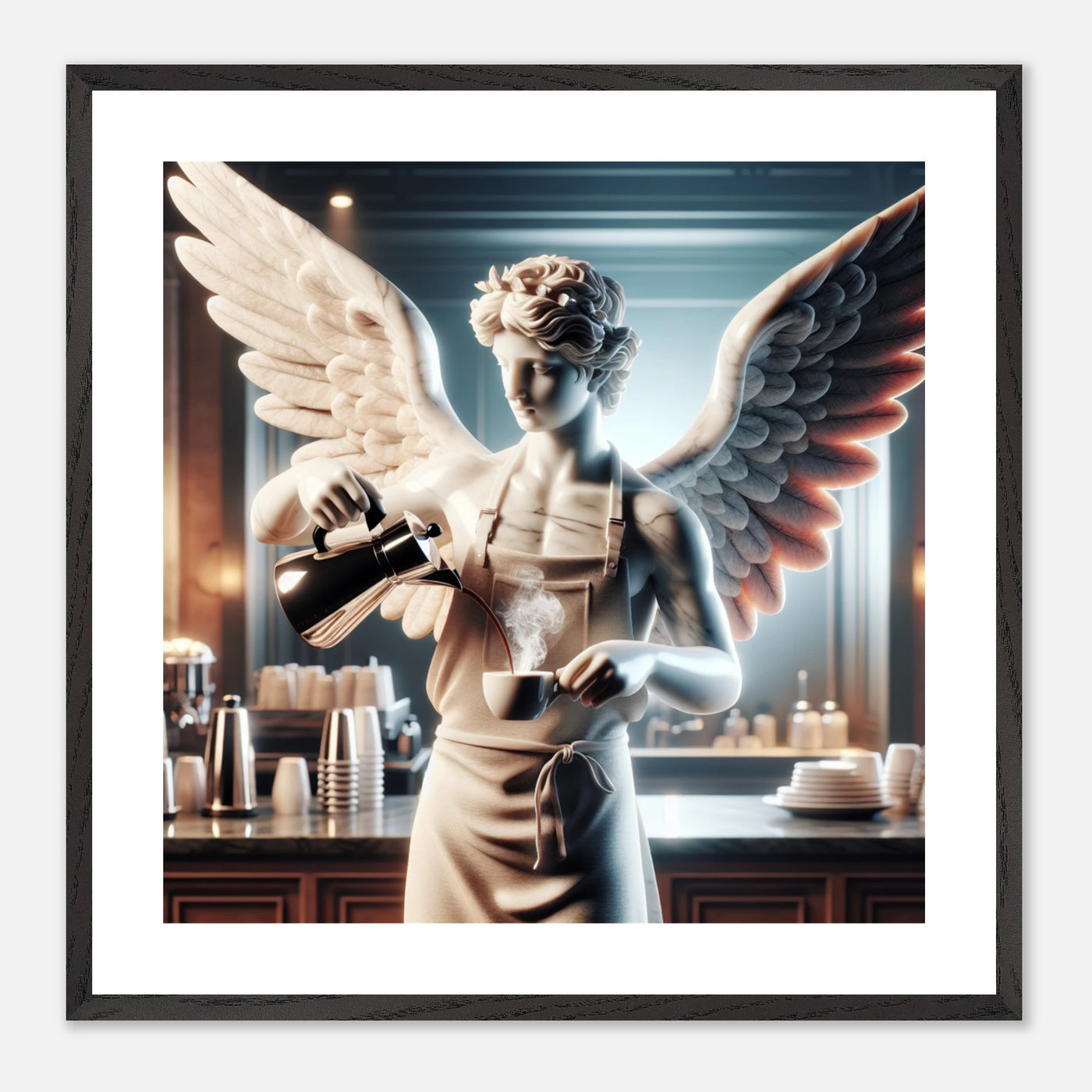 Premium Poster im Rahmen mit Marmorengel Barista Kaffee Trinker – moderner Genuss und urbanes Feeling für dein Zuhause | Dreaming Wings