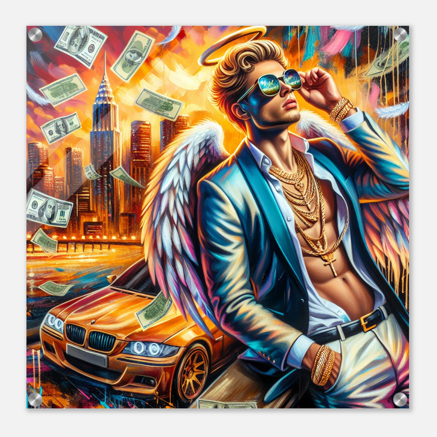 Reicher Unternehmer-Engel mit Geldscheinen – Heaven’s Hustle Acrylglasdruck mit luxuriösem Auto und Engelsflügeln
