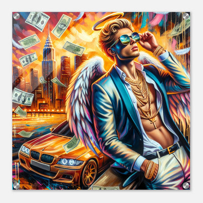 Reicher Unternehmer-Engel mit Geldscheinen – Heaven’s Hustle Acrylglasdruck mit luxuriösem Auto und Engelsflügeln
