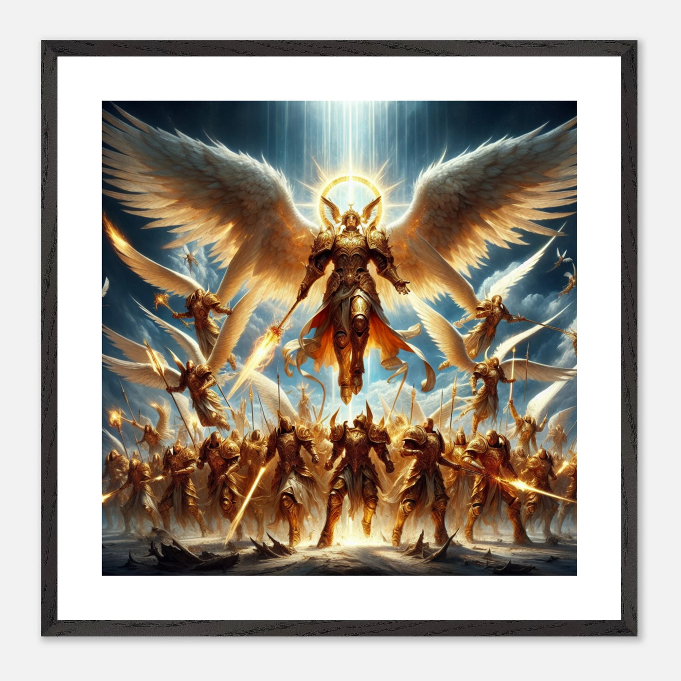 Gerahmtes Premium-Poster: Heiliger Erzengel erhebt sich in der Schlacht, gibt dem Heer aus Engeln Mut und Tapferkeit, ideale Wandkunst für Orte der Stärke und Entschlossenheit