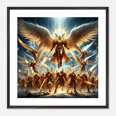Gerahmtes Premium-Poster: Heiliger Erzengel erhebt sich in der Schlacht, gibt dem Heer aus Engeln Mut und Tapferkeit, ideale Wandkunst für Orte der Stärke und Entschlossenheit