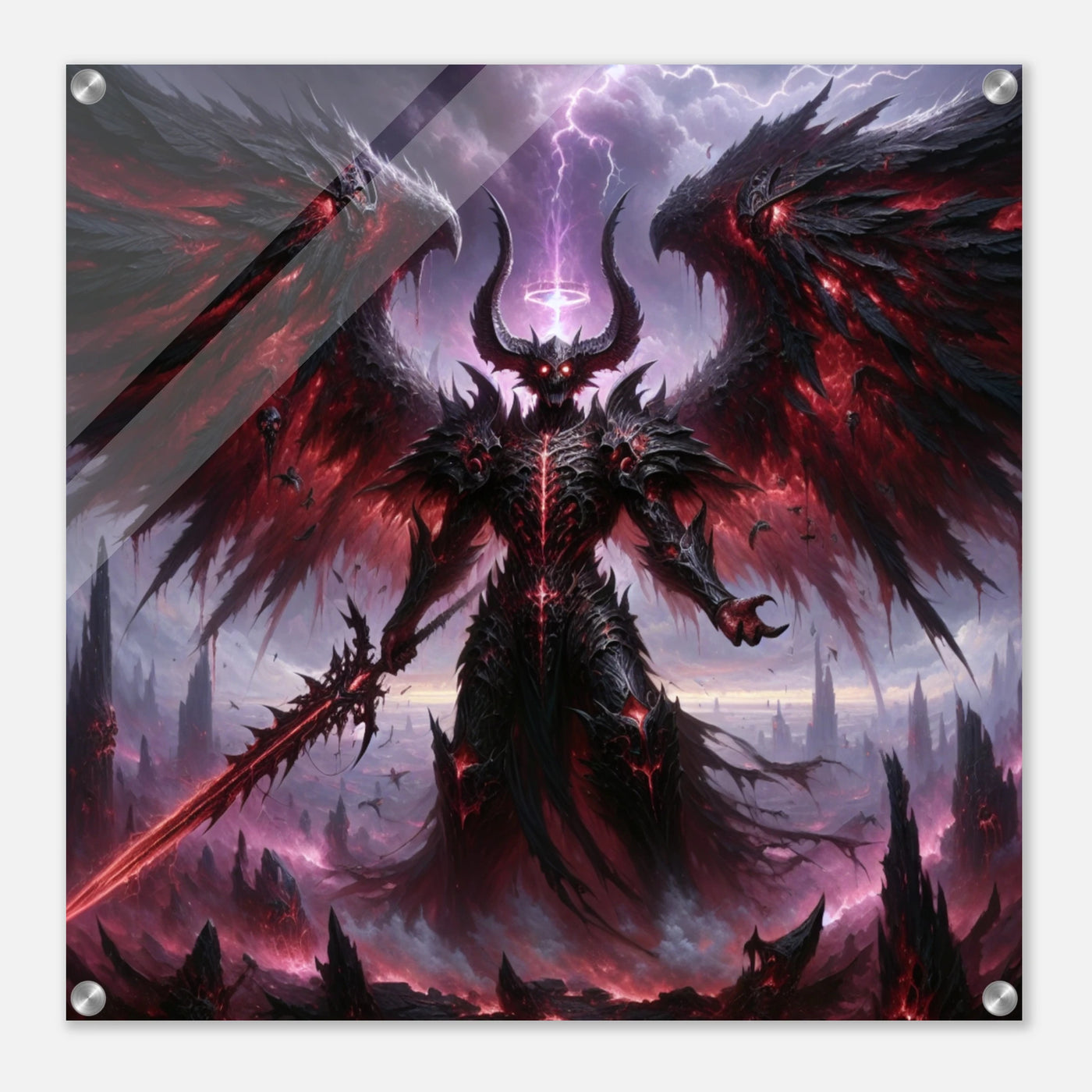 Acrylglasdruck: Dämonenkönig mit dunklen Flügeln, hält das Schwert der Vernichtung, wirkt wie der Endboss in einem Computerspiel, fesselnde Wandkunst für Gamer und Fantasy-Enthusiasten