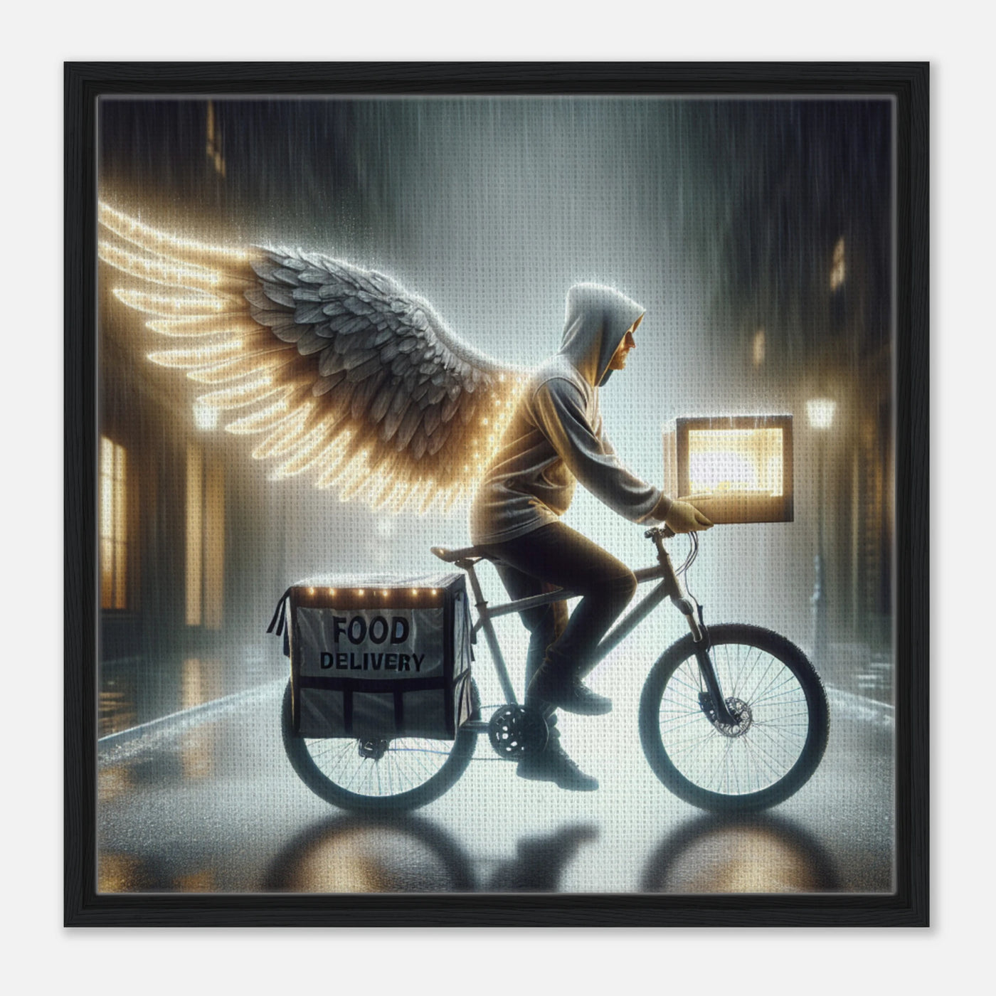 Lieferheld mit Engelsflügeln – Soul Delivery Kunstwerk auf Leinwand, Symbol für Mitgefühl und urbane Rettung