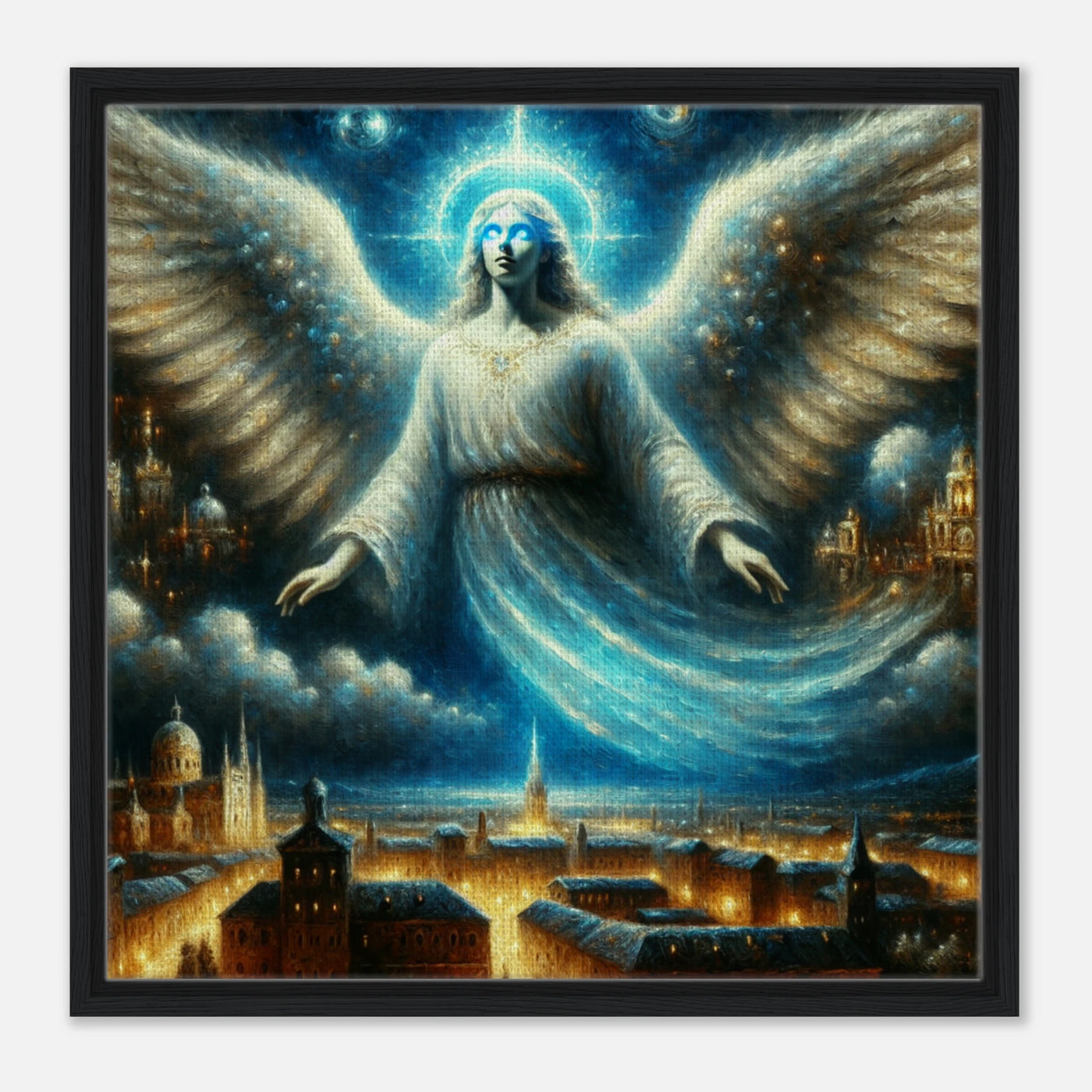 Leuchtender Engelswesen über beleuchteter Stadtlandschaft – fantasy-inspirierte Kunst auf Leinwand