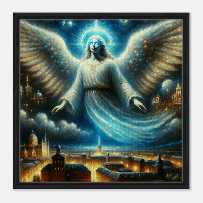 Leuchtender Engelswesen über beleuchteter Stadtlandschaft – fantasy-inspirierte Kunst auf Leinwand