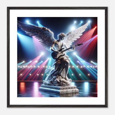 Premium Poster im Rahmen mit Engel als Marmorstatue mit E-Gitarre – epischer Rockstil auf Bühnenlicht | Dreaming Wings
