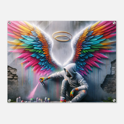 Street Art Künstler mit Engelsflügel-Graffiti – Art Wings Acrylglasdruck, Heiligenschein an Wand getaggt
