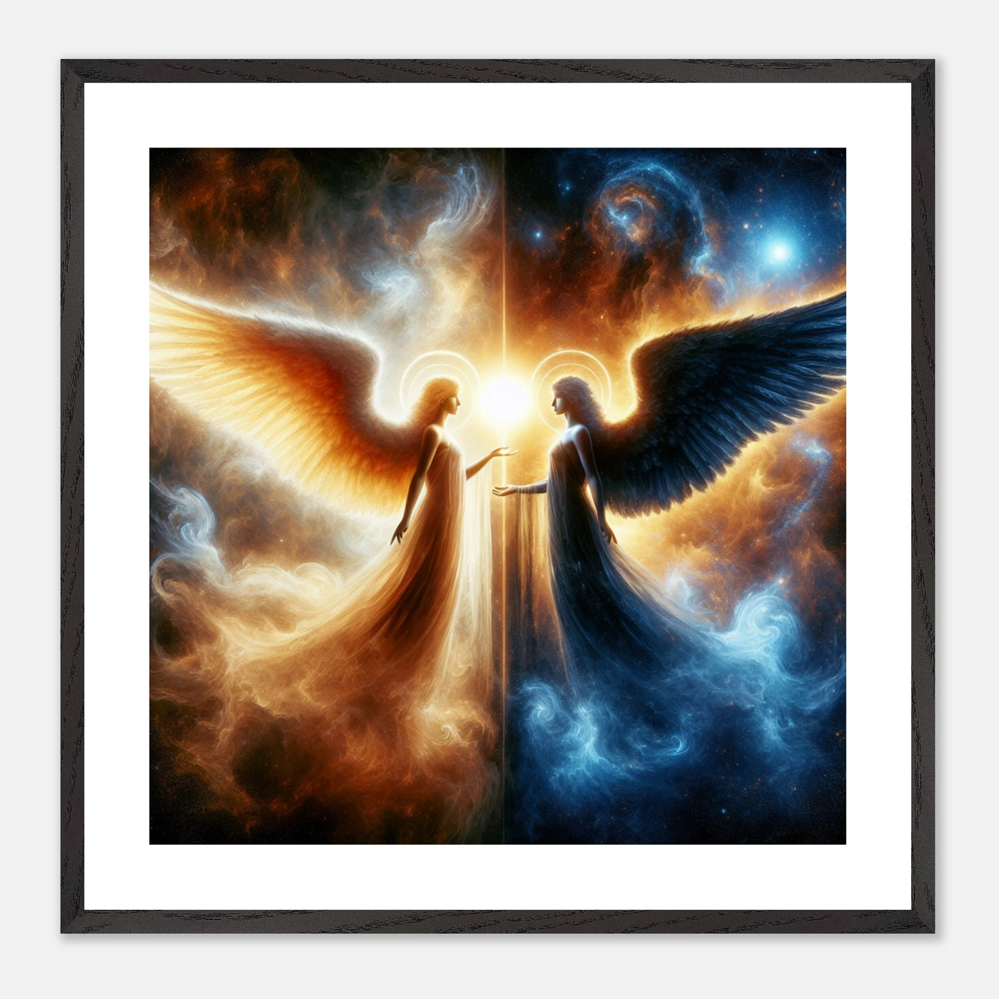 Gerahmtes Premium-Poster: Zwei Engel im Weltraum gegenübergestellt, heller Schutzengel und kühler dunkler Engel, inspirierende Wandkunst für Meditationsräume und Sci-Fi-Enthusiasten