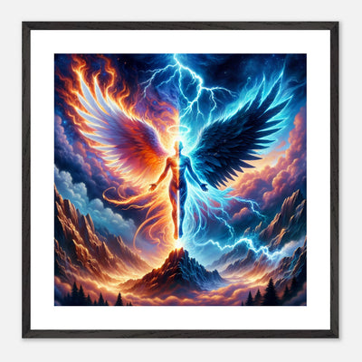 Gerahmtes Premium-Poster: Leuchtender Engel halb aus roten Flammen, halb aus blauen Blitzen, steigt aus der Hölle empor, ideale Wandkunst für Fantasy-Fans und Meditationsräume
