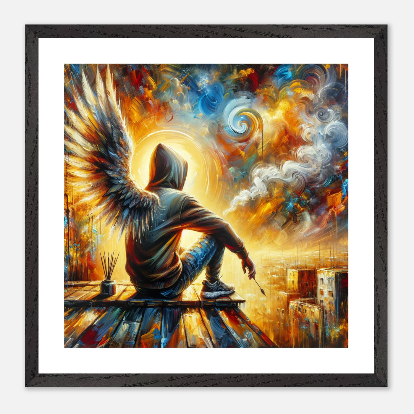 Urbaner Künstler malt den Himmel bunt – Engelsflügel und Graffiti-Stil in modernem Kunstdruck