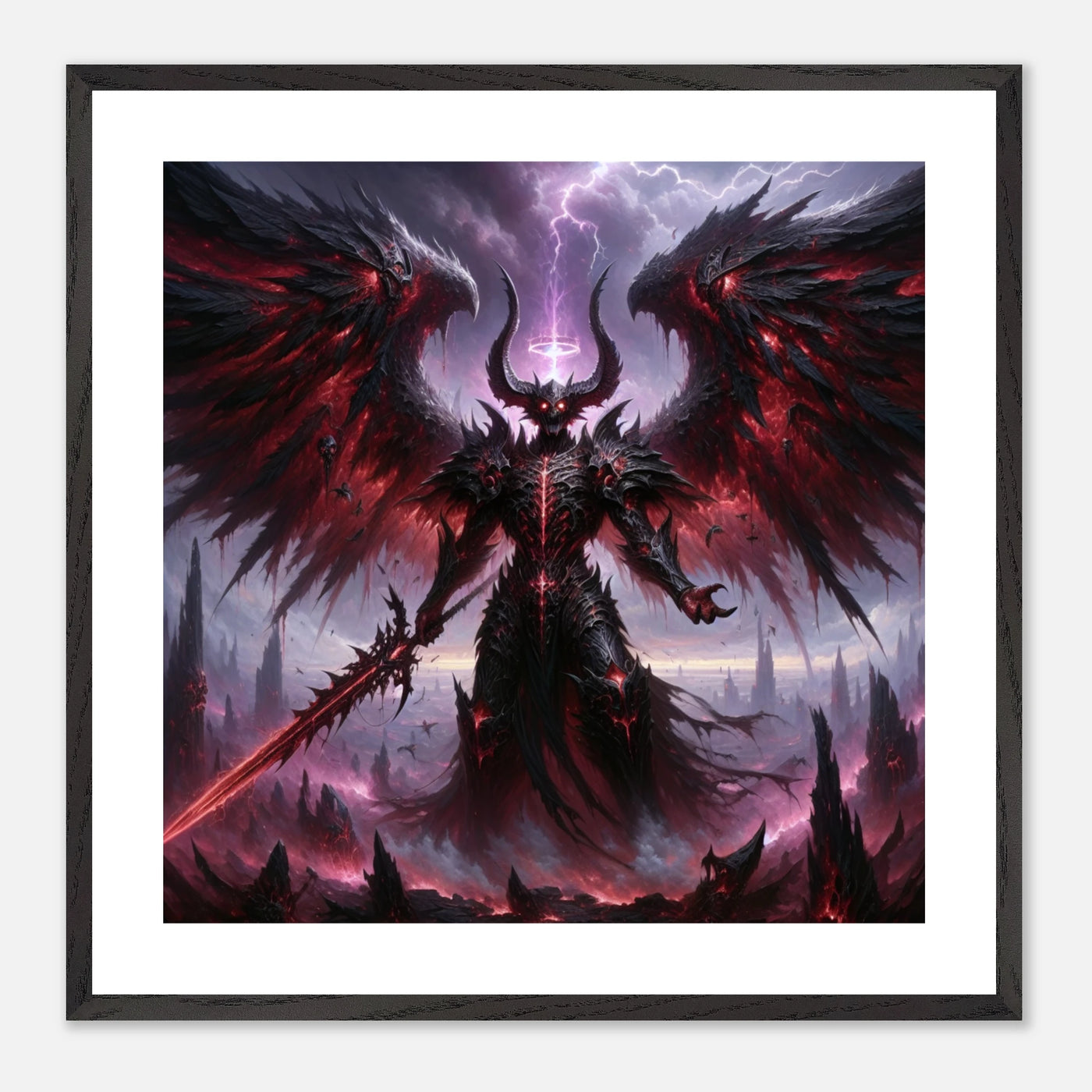 Gerahmtes Premium-Poster: Dämonenkönig mit dunklen Flügeln, hält das Schwert der Vernichtung, wirkt wie der Endboss in einem Computerspiel, ideale Wandkunst für Gamer und epische Spielzimmer