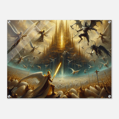 Acrylglasdruck: Epischer Kampf zwischen Engel und Teufel, Hell gegen Dunkel, Konflikt wie aus Roman, Film oder Computerspiel, fesselnde Wandkunst für Fantasy- und Gaming-Fans
