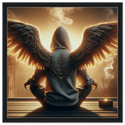 Urbaner Meditationsengel mit Flügeln – Yoga-Kunst auf Leinwand mit Blick über die Stadt